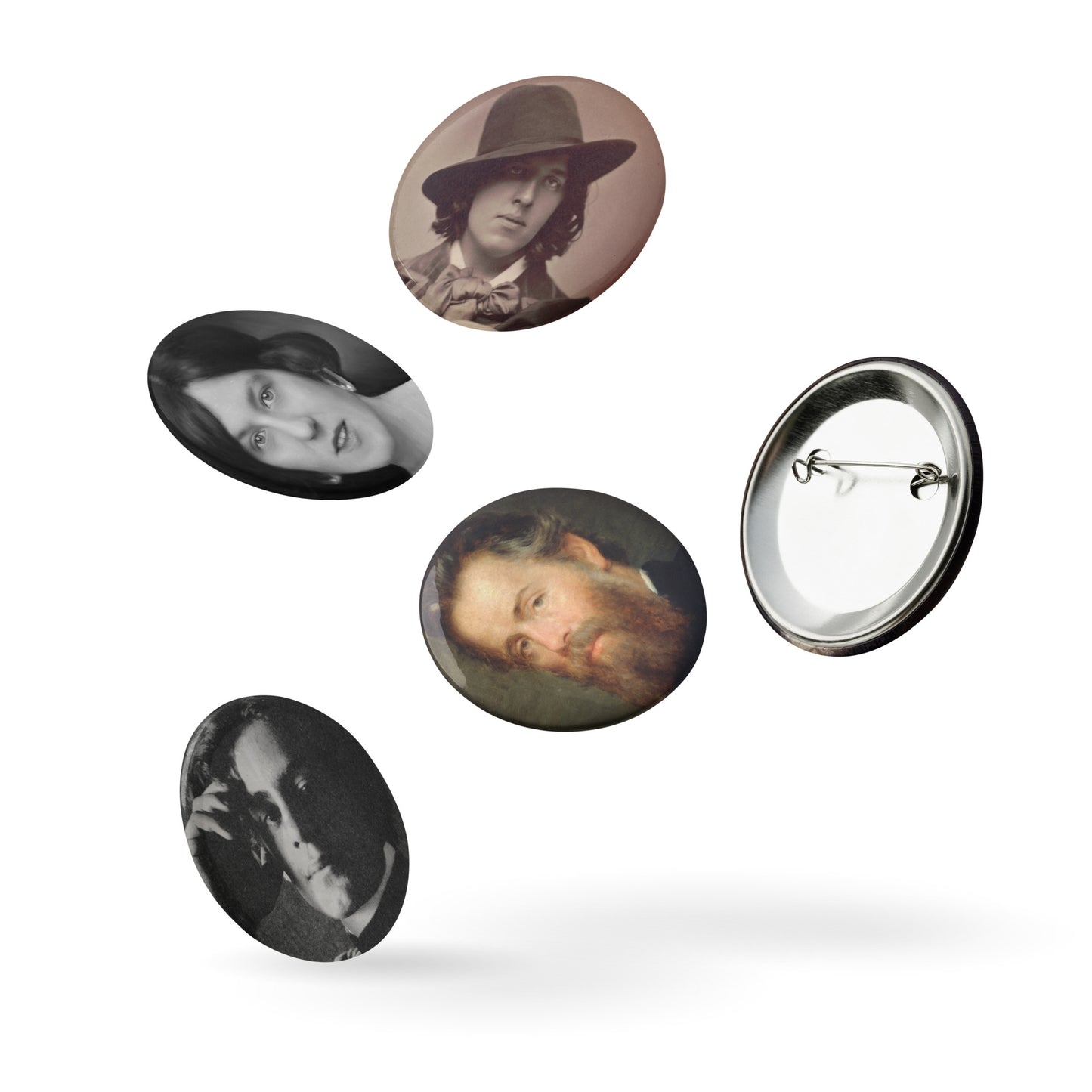 Authors - Oscar Wilde, Hope Mirrlees, Herman Melville, John Polidori, Kahlil Gibran Set of pin buttons